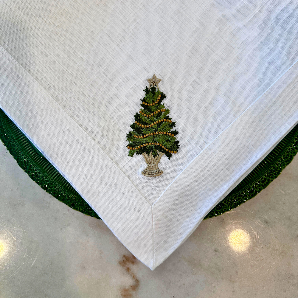 Arte Italica & Crown Linen Designs - Tree with Gold Trim Large Napkin - New Christmas/Holiday - Evergreen