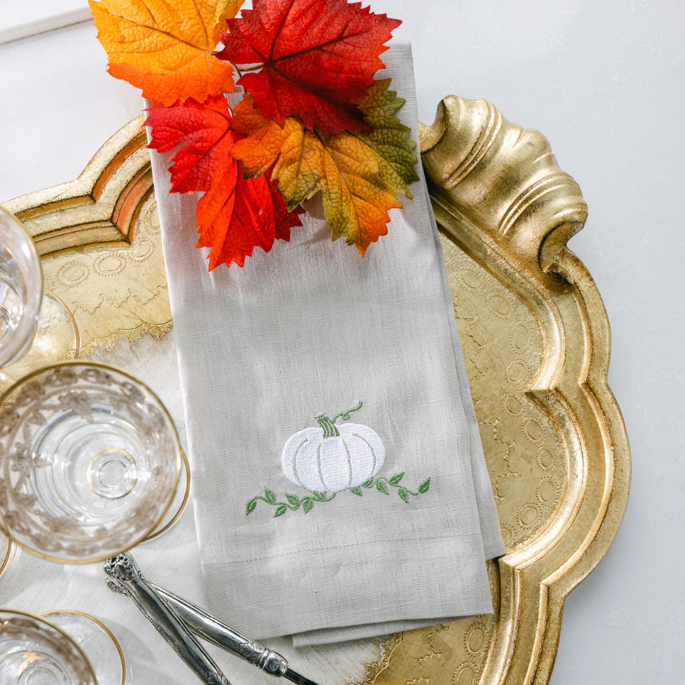 Arte Italica & Crown Linen Designs - Pumpkin Linen Towel - Soft Flax (White/Green)