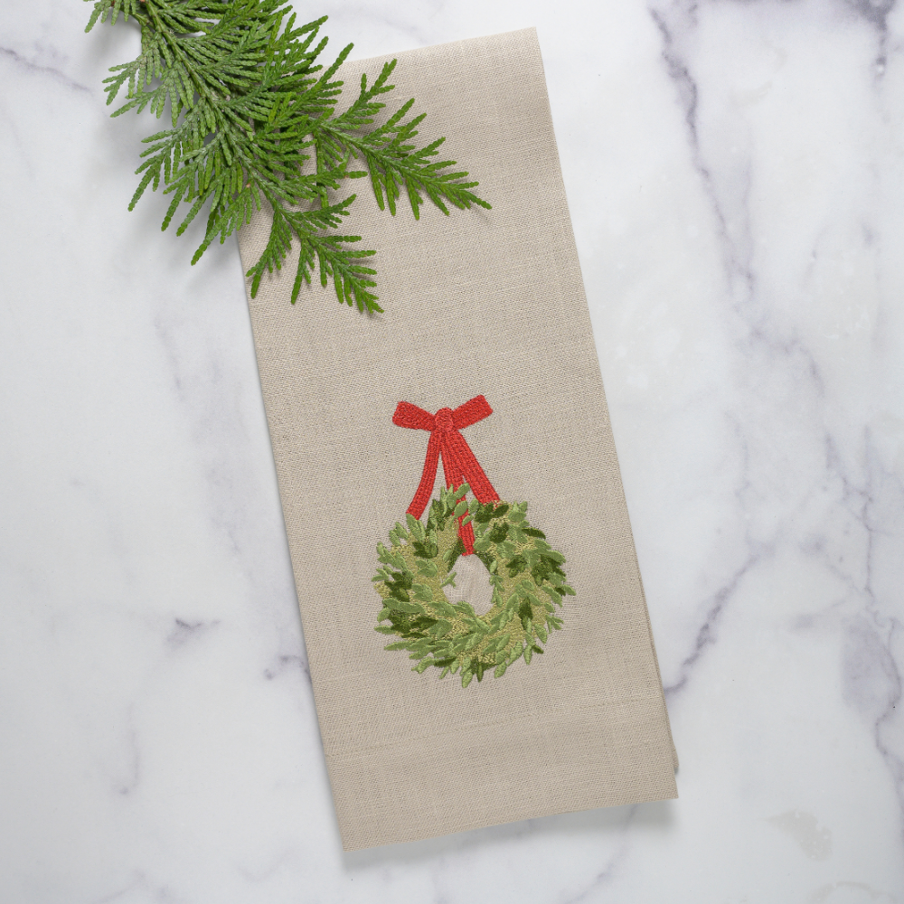Arte Italica & Crown Linen Designs - Boxwood Holiday Wreath Towel - New Christmas/Holiday - Soft Flax