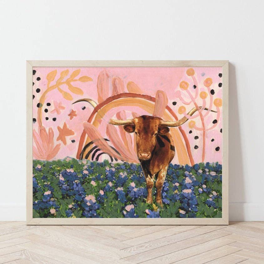 El Baker Art - Rainbow Longhorns Mixed Media Print - 8×10