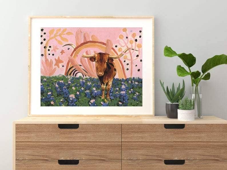 El Baker Art - Rainbow Longhorns Mixed Media Print - 8×10