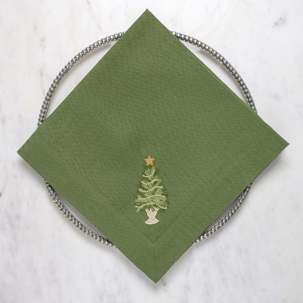 Arte Italica & Crown Linen Designs - Tree with Gold Trim Large Napkin - New Christmas/Holiday - Evergreen