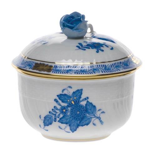 Chinese Bouquet Covered Sugar Bowl with Roses 4Oz Blue