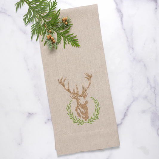 Arte Italica & Crown Linen Designs - Towel, Laurel Wreath Stag - New - Soft Flax