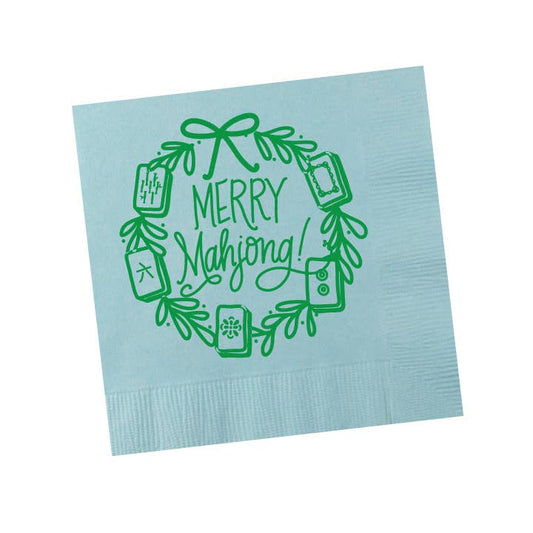 Natalie Chang - Merry Mahjong | Christmas Cups & Napkins (ALL) - NAPKINS | LIGHT BLUE with Green Matte Foil (25 per package)