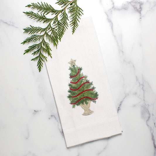 Arte Italica & Crown Linen Designs - Christmas Tree with Trim Linen Towel - Christmas - White (Green/Gold)