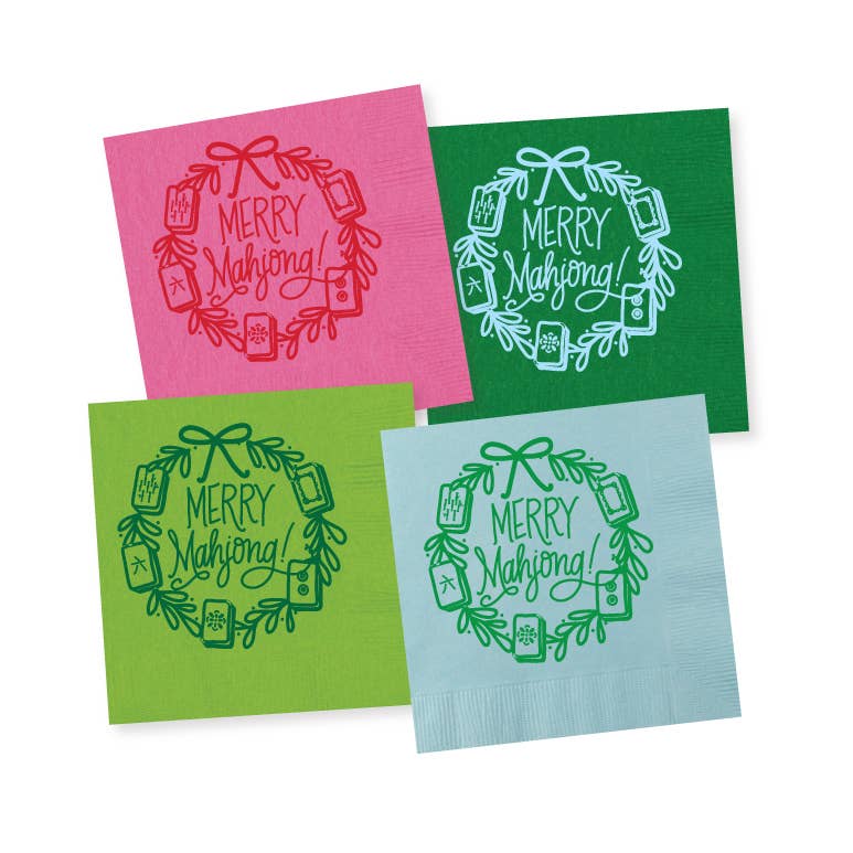 Natalie Chang - Merry Mahjong | Christmas Cups & Napkins (ALL) - NAPKINS | LIGHT BLUE with Green Matte Foil (25 per package)