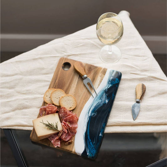 Lynn & Liana Designs - Small Wood and Resin Cheese Board / Charcuterie Board - Navy | White | Metallic