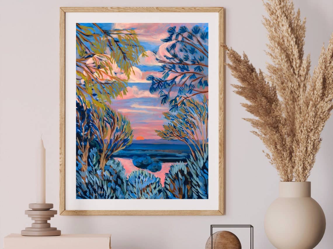 El Baker Art - Blue Texas Hill Country Lake Sunset Print - 8×10