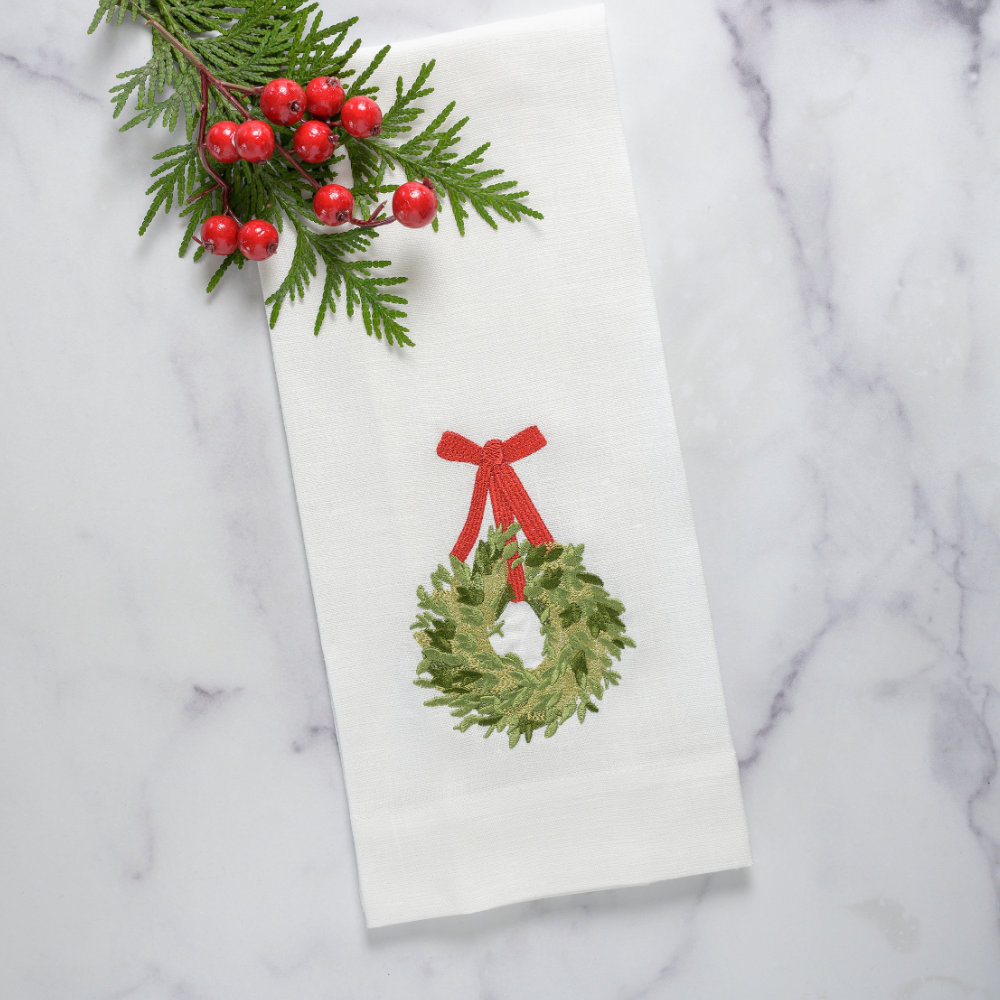 Arte Italica & Crown Linen Designs - Boxwood Holiday Wreath Towel  - New Christmas/Holiday - Soft Flax