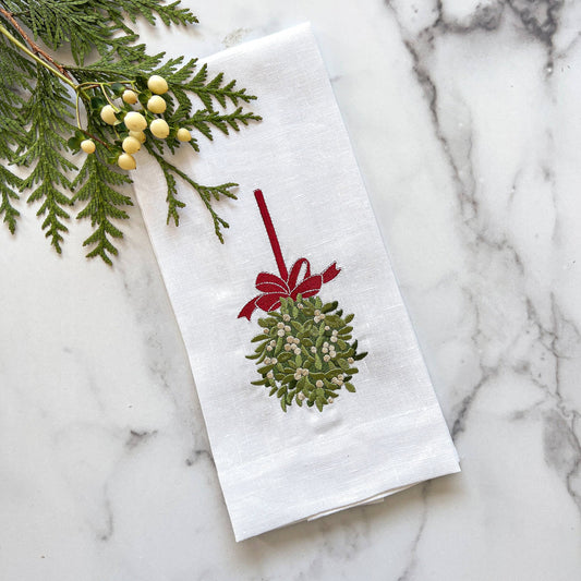 Arte Italica & Crown Linen Designs - Mistletoe Ball Linen Towel - Christmas - White (Green/Red)