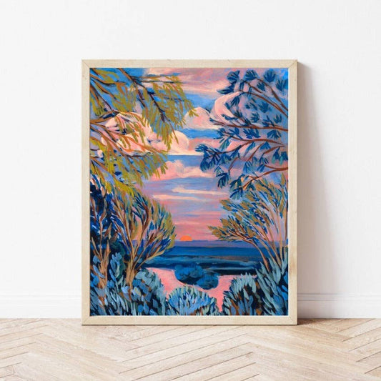 El Baker Art - Blue Texas Hill Country Lake Sunset Print - 8×10