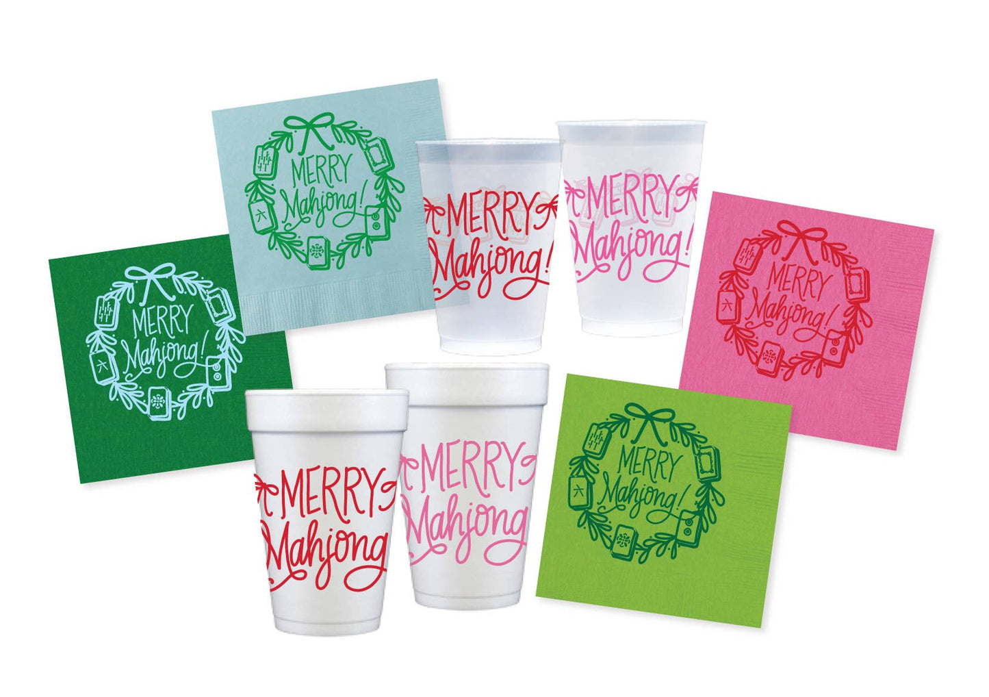 Natalie Chang - Merry Mahjong | Christmas Cups & Napkins (ALL) - NAPKINS | LIGHT BLUE with Green Matte Foil (25 per package)