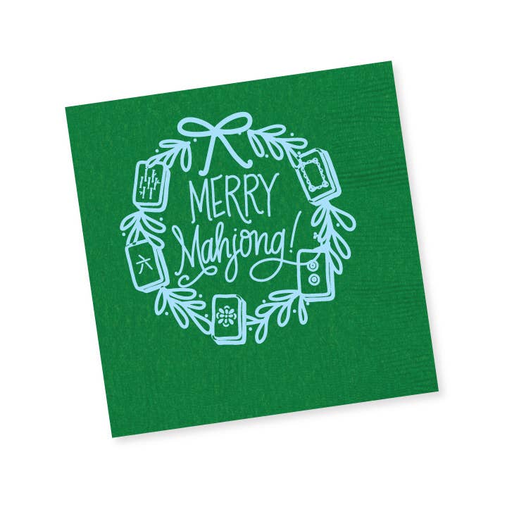 Natalie Chang - Merry Mahjong | Christmas Cups & Napkins (ALL) - NAPKINS | LIGHT BLUE with Green Matte Foil (25 per package)